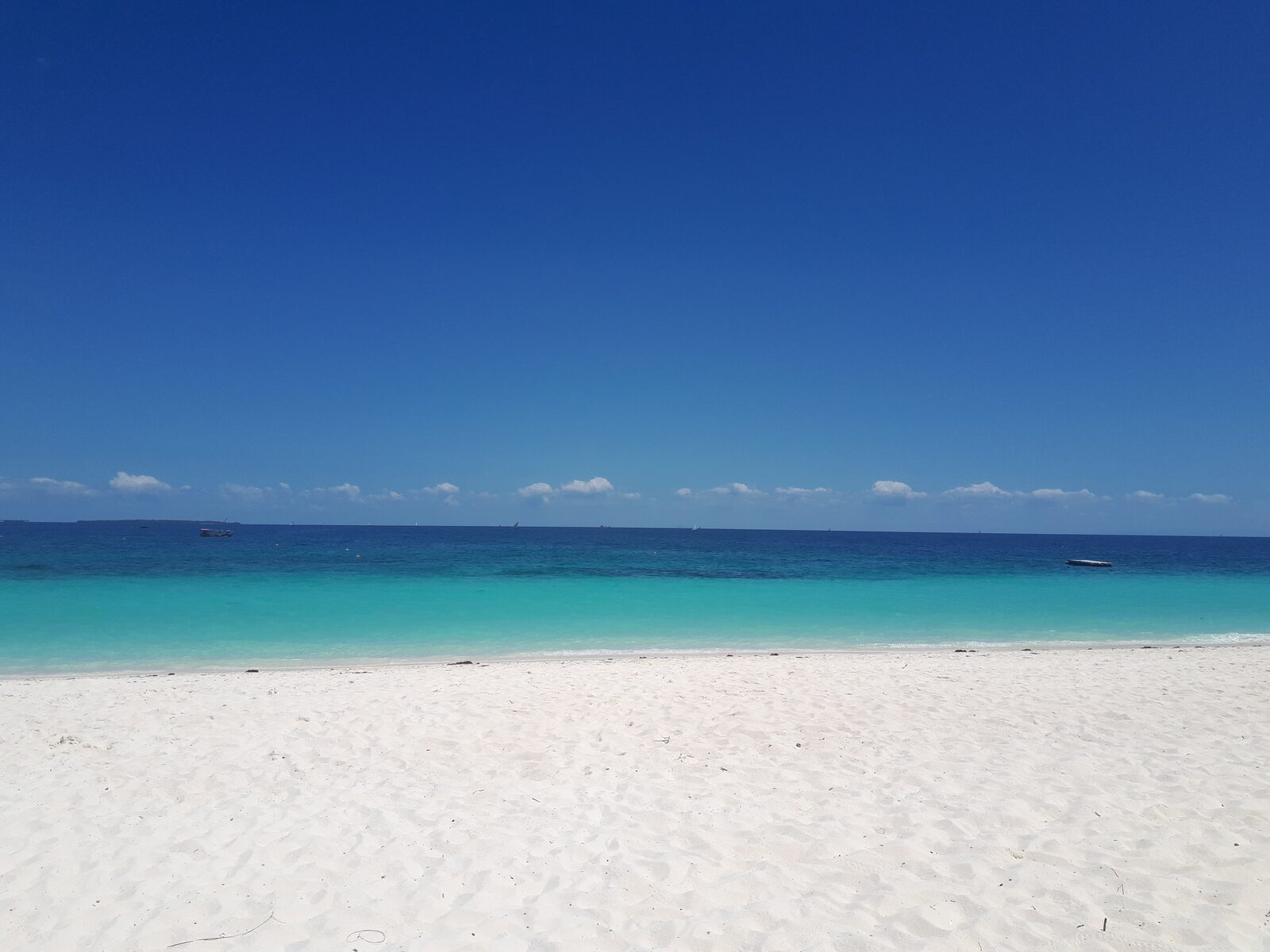 Empty white sand beach under clear blue Zanzibar skies