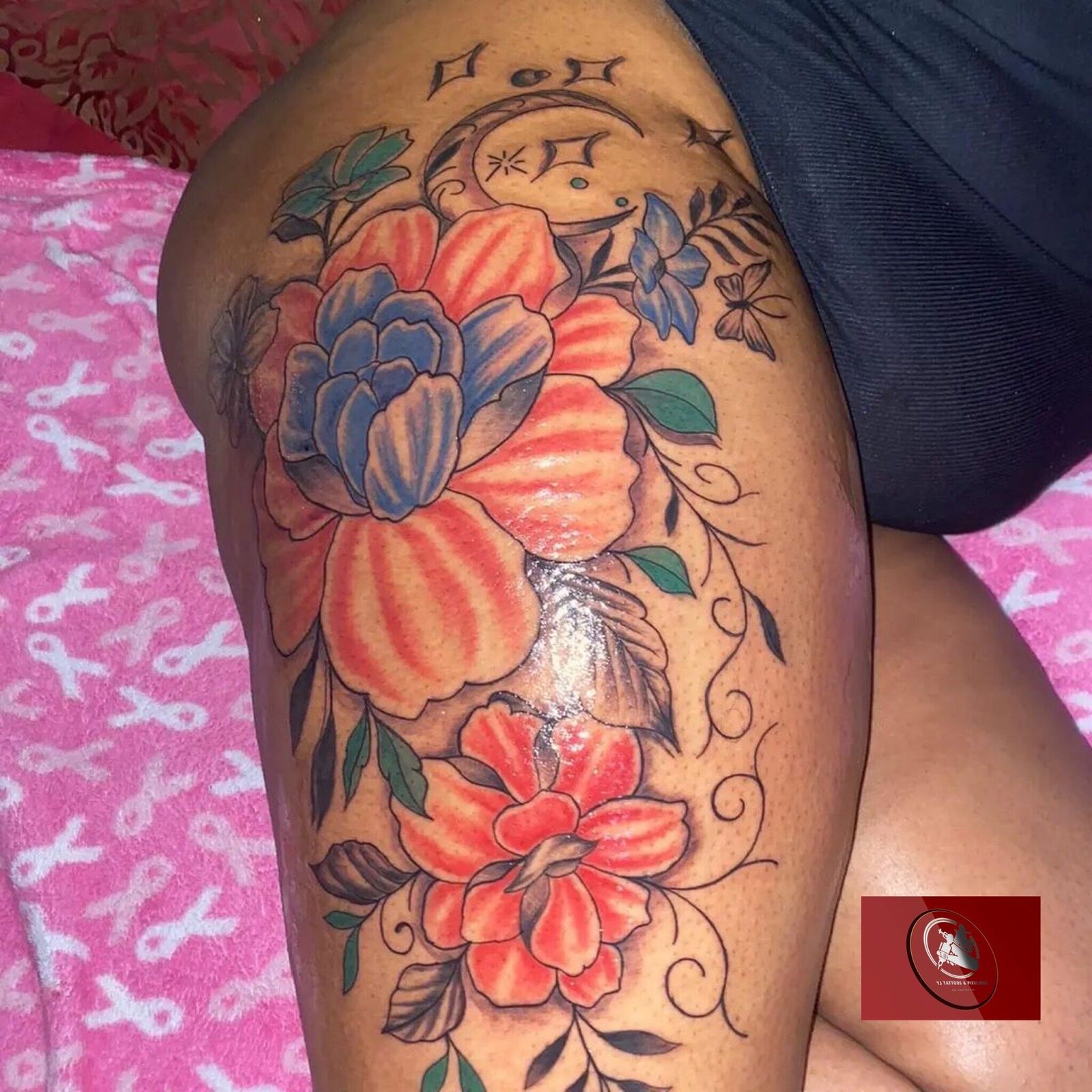Close-up of intricate floral henna-style body art in Zanzibar