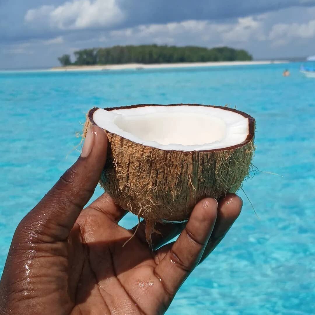 A fresh green coconut by the turquoise sea