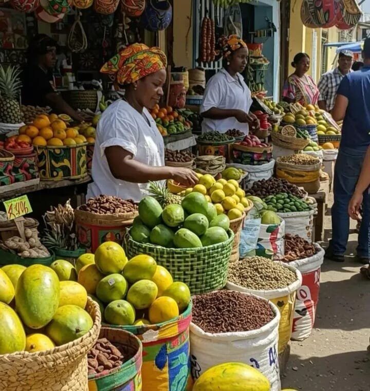 Market women selling fruit and spices in historic Stone Town