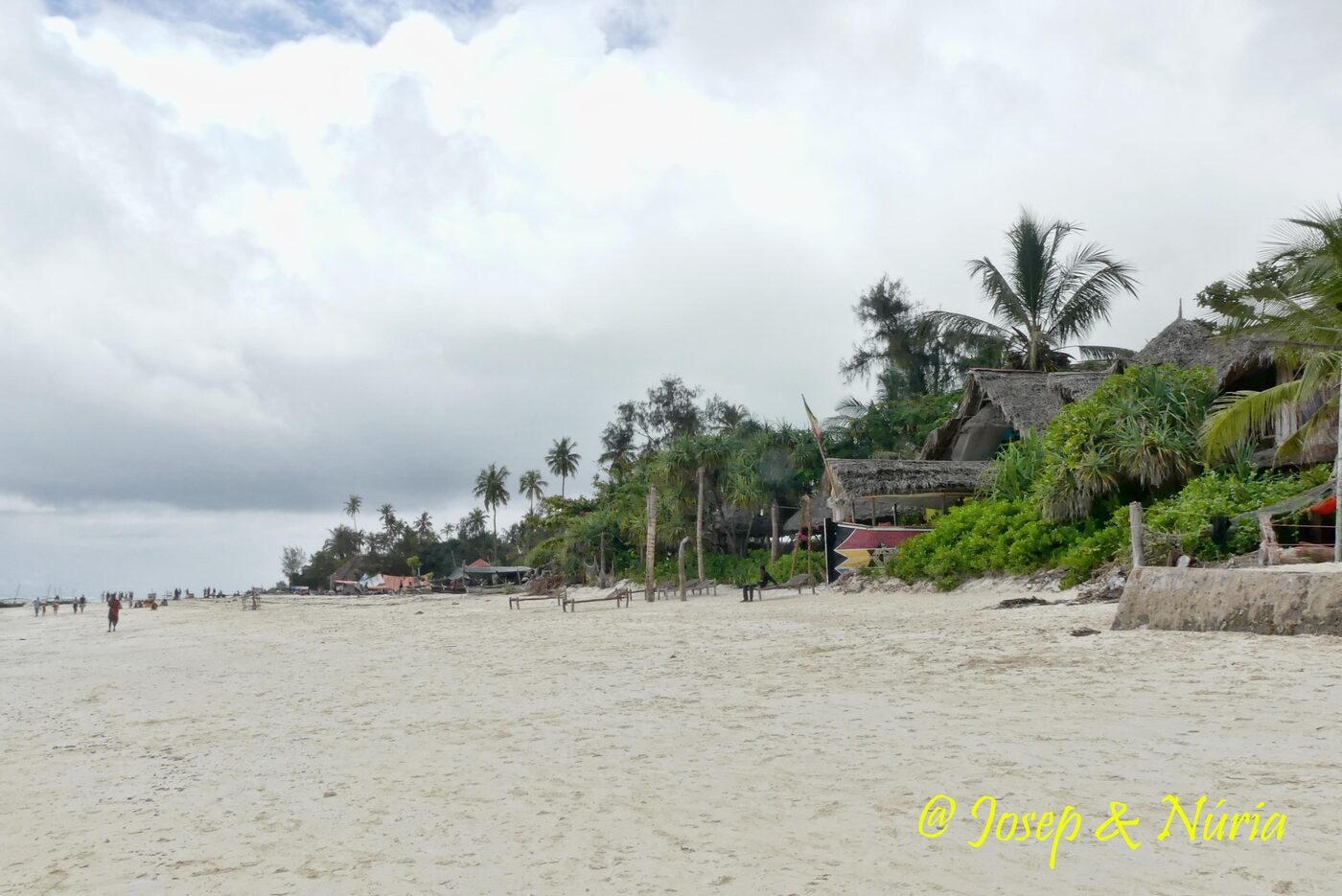 A wide sandy beach lined with thatched huts and palms
